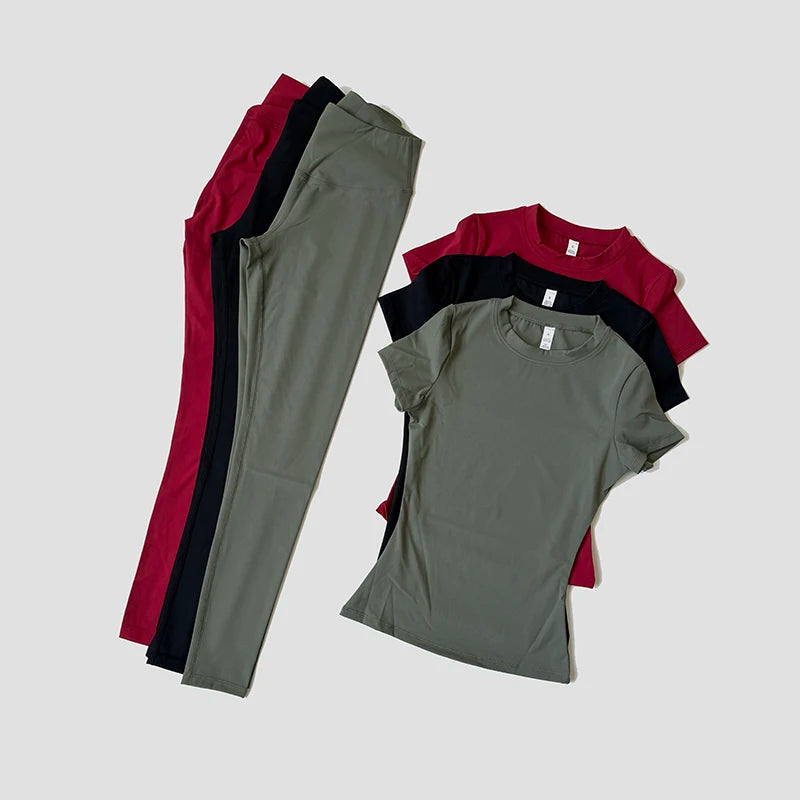 Quick-Drying Gym Leggings Set Sport Suit Short Sleeve Breathable Stretchy Slim Fitness Active Top Tight Gym Set - Matrix-studios.com