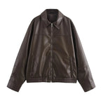 KONDALA 2026 Spring Summer Brown Business Casual Faux Leather Women Jackets Chic Valentine‘s Day Spliced Zipper Ladies Jackets - Matrix Studios