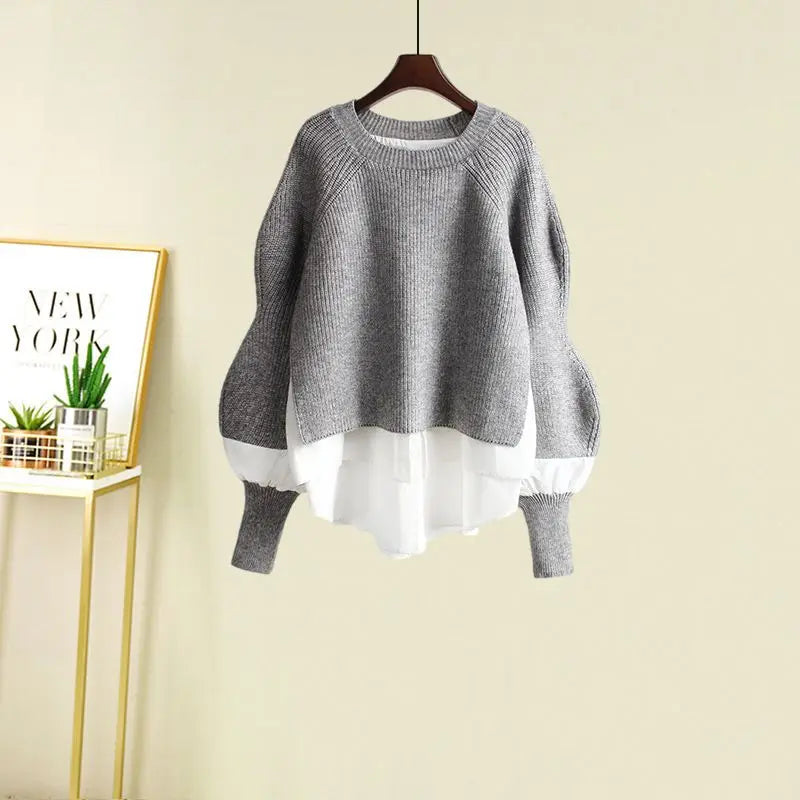 Women's Spring Autumn New Fashion Fake Two Piece Knit Sweater+Strap A-line Skirt Suit Korean Elegant Pullover Dress Matching Set - Matrix-studios.com