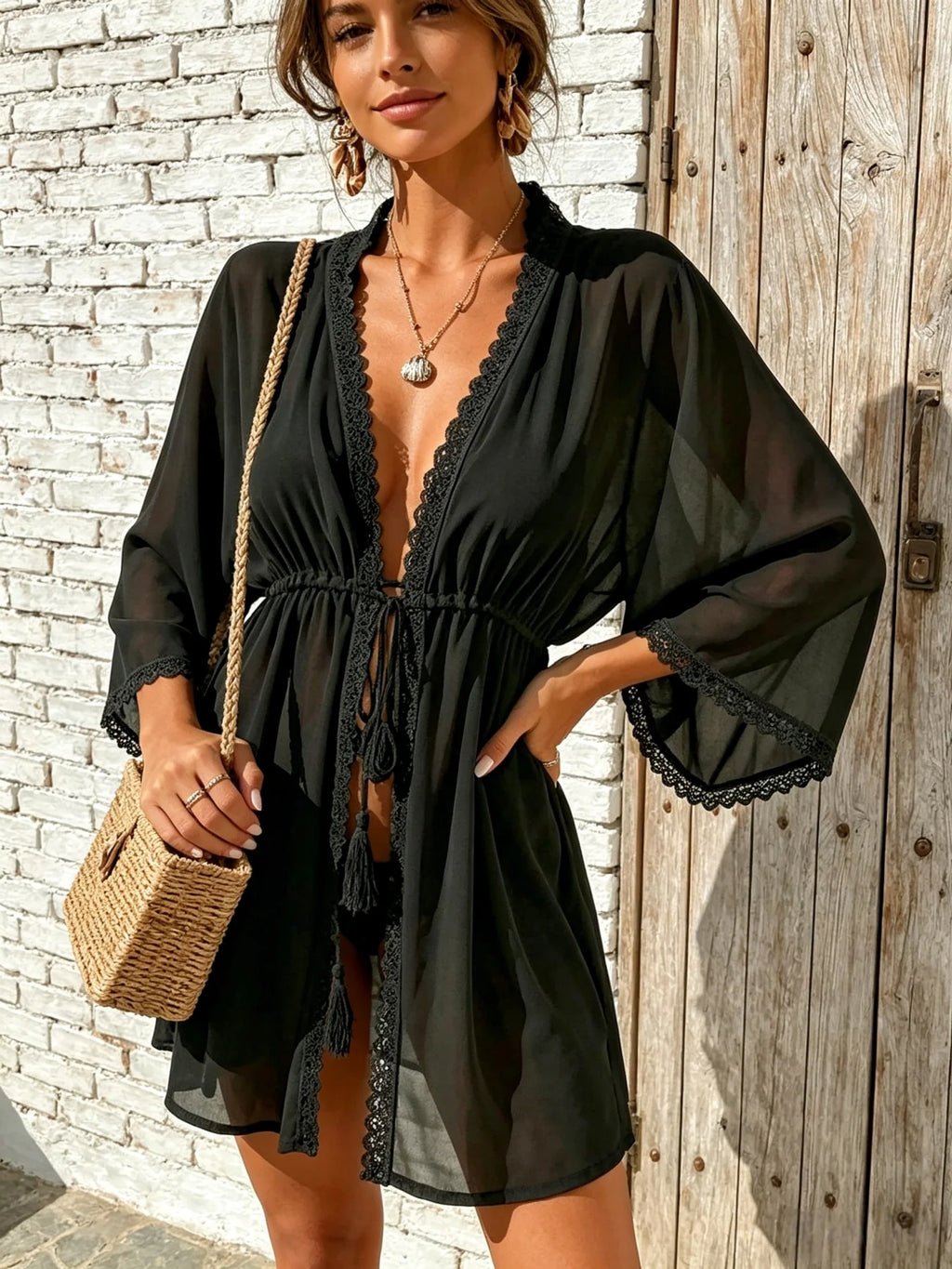 Black Sheer Chiffon Beach Cover Up Lace Trim Tassel Tie Waist Flare Sleeve Bikini Kimono Coverup - Matrix Studios