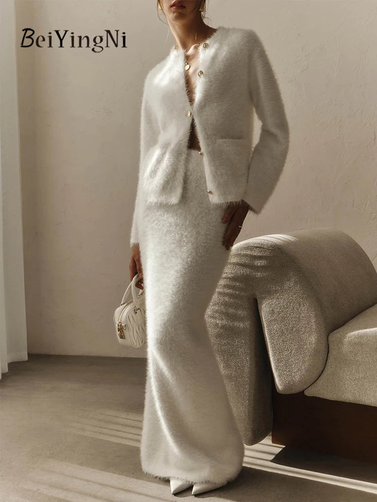 Beiyingni Women Sweater Skirt Suits 2025 Autumn Winter Warm White Maxi Skirts Two Piece Sets for Woman Buttons Tops Matching Set - Matrix-studios.com