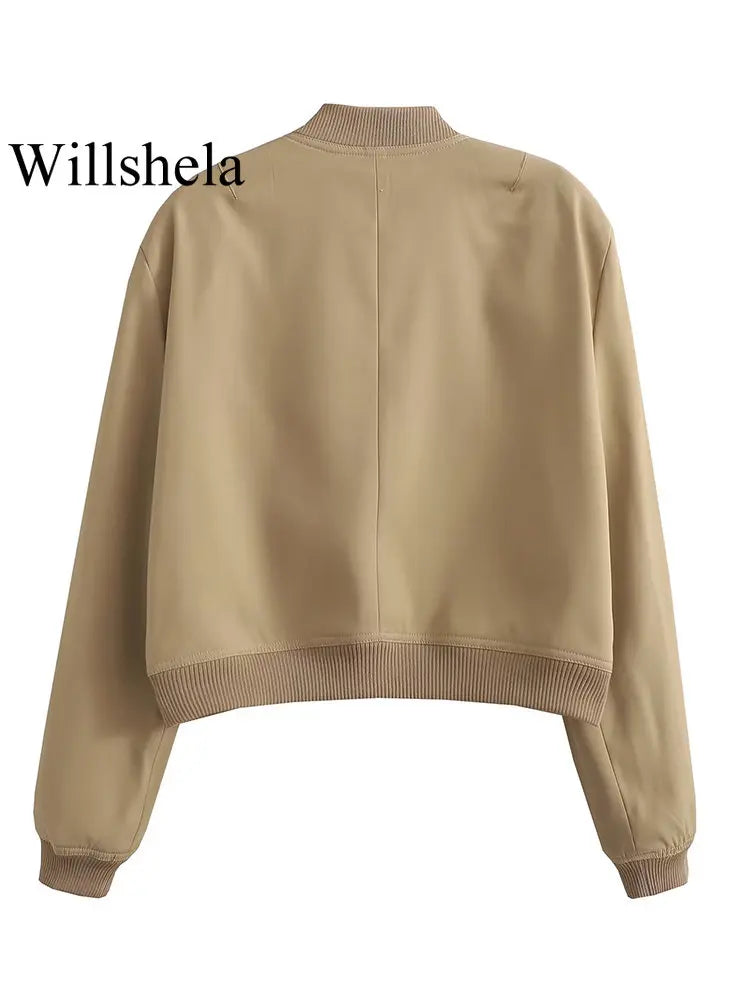 Willshela Women Fashion Solid Bomber Jackets Coat With Pockets V-Neck Single Breasted Long Sleeves Female Chic Lady Outfits - Matrix-studios.com
