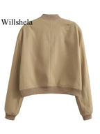 Willshela Women Fashion Solid Bomber Jackets Coat With Pockets V-Neck Single Breasted Long Sleeves Female Chic Lady Outfits - Matrix-studios.com