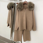 Reality Fur Jacket Pullover Set Woman Spring Knitted Suit Knitwear Female Real Fox Fur Collar Sweater Lady Autumn Knitted New - Matrix Studios