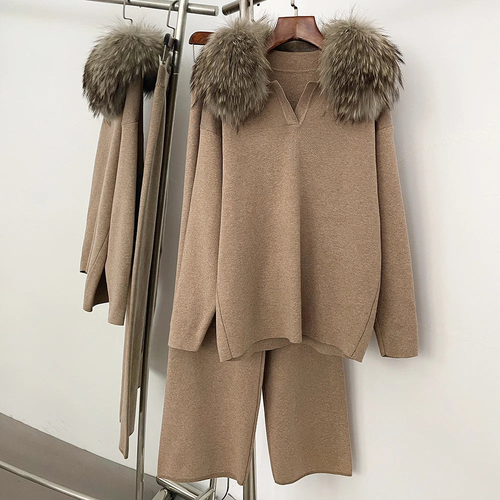 Reality Fur Jacket Pullover Set Woman Spring Knitted Suit Knitwear Female Real Fox Fur Collar Sweater Lady Autumn Knitted New - Matrix Studios