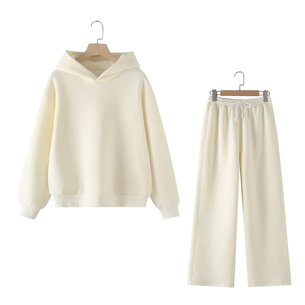 HH Women Solid Casual Sweatshirt Pant Suit Long Sleeve Hooded Fleece Pullover Coat Loose Straight Trousers Office Lady Sets - Matrix-studios.com