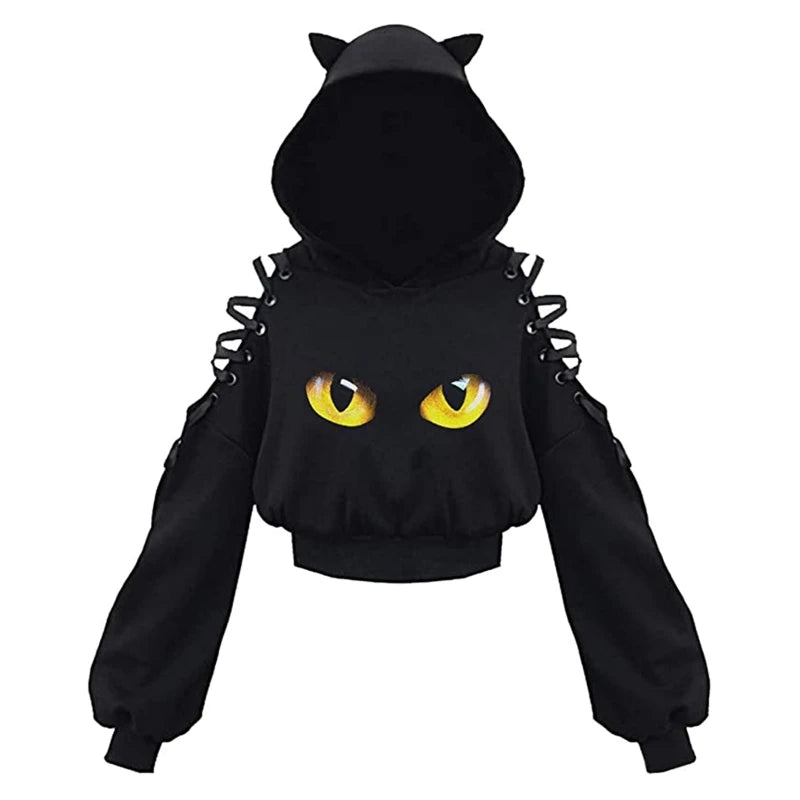 Y2k Gothic Womens Hoodie Cat Ear Crop Top Hooded Sweatshirt Hollow Out Lace Up Long Sleeve Hodded Casual Pullover Autumn - Matrix Studios