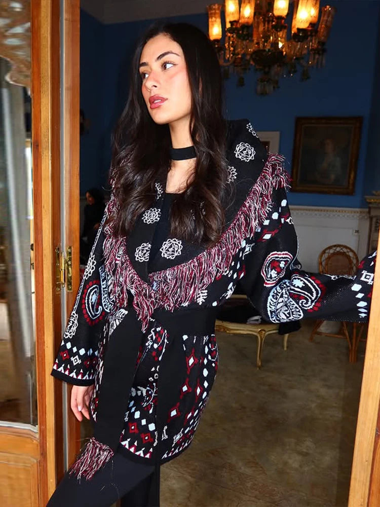 Jacquard Cardigan Women V-Neck Tie Waist Cardigans Long Sleeve Knit Sweater Waist Cuff Casual Autumn Fashion Trendy Streetwear - Matrix Studios