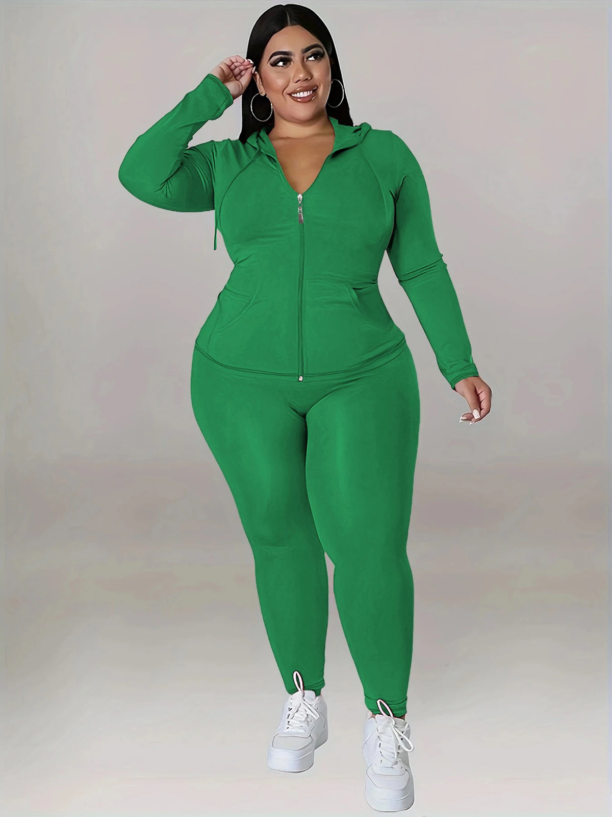 Soft Stretch Solid Color Curvy Athleisure Outfit, Zip Hoodie Tracksuit With Joggers, Comfortable Casual Oversized Matching Set, Versatile All Seasons Wear For Yoga Daily Party Streetwear Activities - Matrix-studios.com