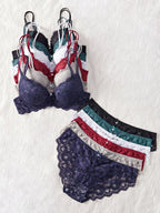 6-Piece Set Women's Bra and Panties Set Sexy Patterned Lace Patchwork No Lining Comfortable Fitting Women's Push-Up Bra Women's Underwear Set - Matrix-studios.com