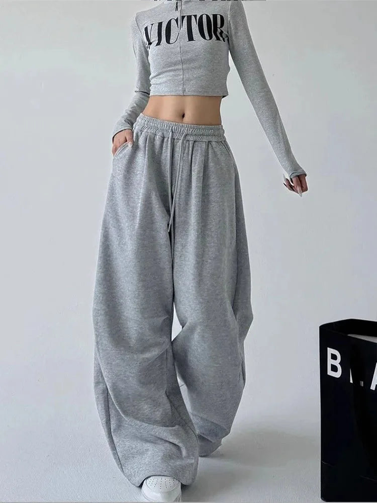 Y2K Harajuku Wide Leg Sweatpants Women Streetwear Baggy Oversize Gray Sports Pants High Waist Drawstring Casual Joggers Trousers - Matrix-studios.com