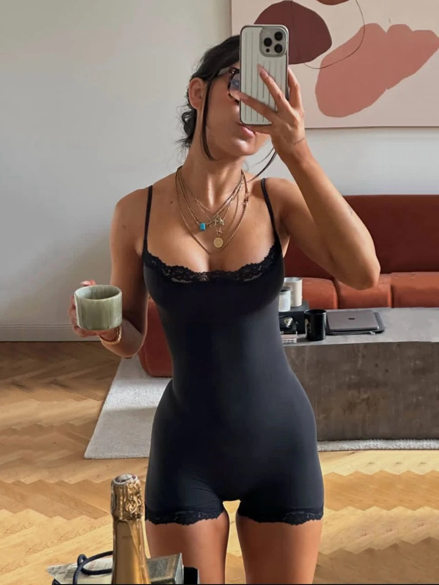 Lace Trim Slim Playsuits Woman High Elasticity Adjustable Strap Skinny Bodysuit Solid Fashion Streetwear Smooth One-piece Tops - Matrix Studios