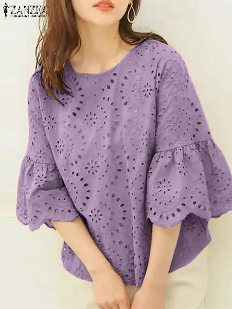 ZANZEA Fashion Summer 3/4 Sleeve Hollow Out Blouse Women Elegant Lace Crochet Tops Casual Loose Embroidery Shirt Work Blusas - Matrix-studios.com