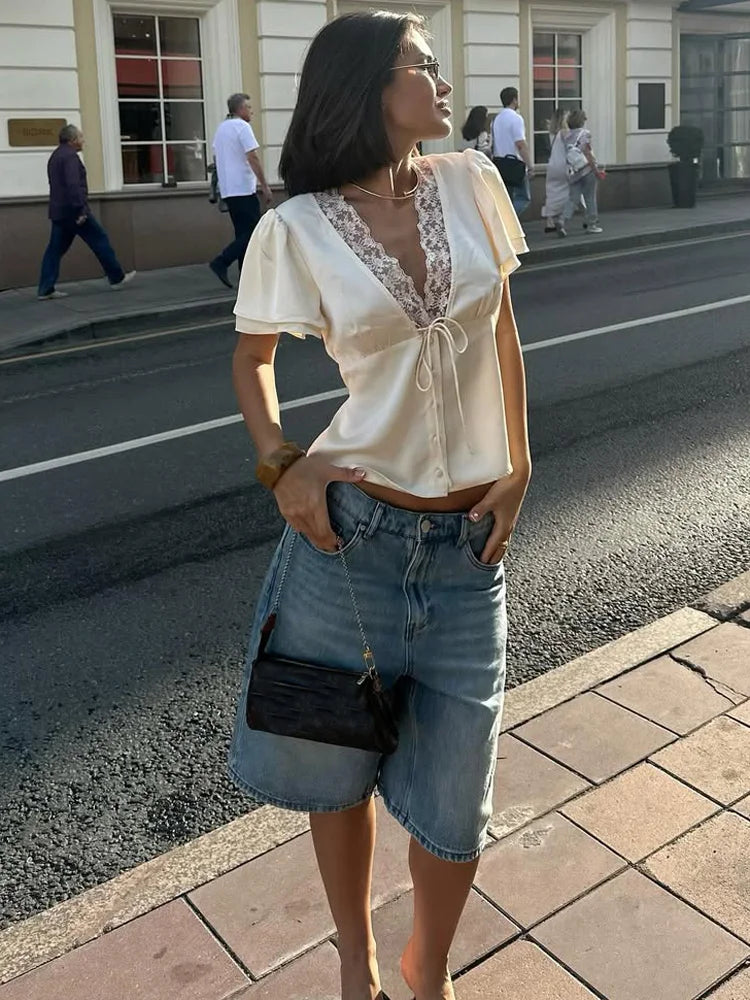 Tossy Lace Summer V-Neck T-shirt Top For Women Lace-Up Hollow Out Short Sleeve Printed Cropped Top Pullover Female Bandage Tee - Matrix-studios.com