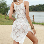 Sexy Style Knitted Hollow Out Texture Bikini Cover-Ups Solid Color Side Slit Short Dress Women's Vacation Beach Slip Dress - Matrix Studios