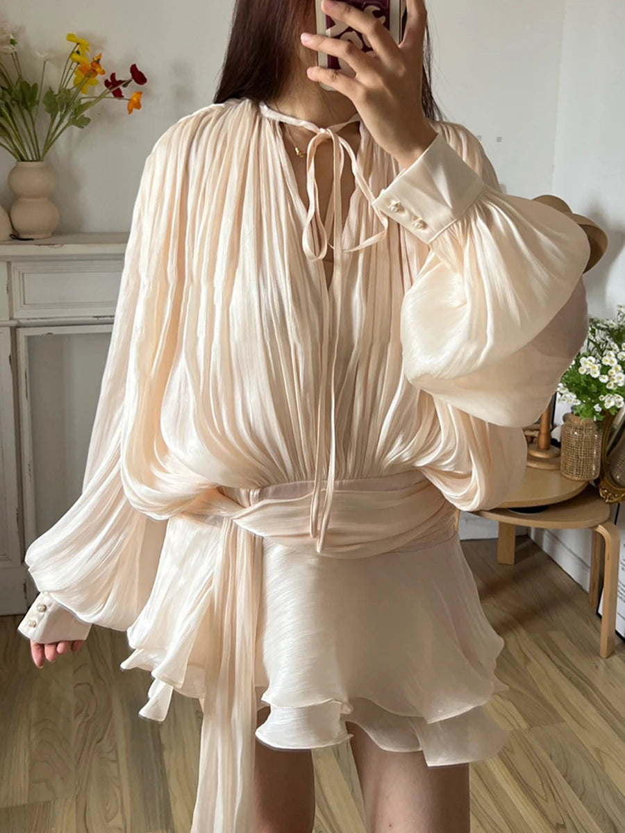TWOTWINSTYLE Solid Blouse Mini Dresses For Women V Neck Long Sleeve Spliced Lace Up Sweet Style Dress Female Clothing Fashion - Matrix-studios.com
