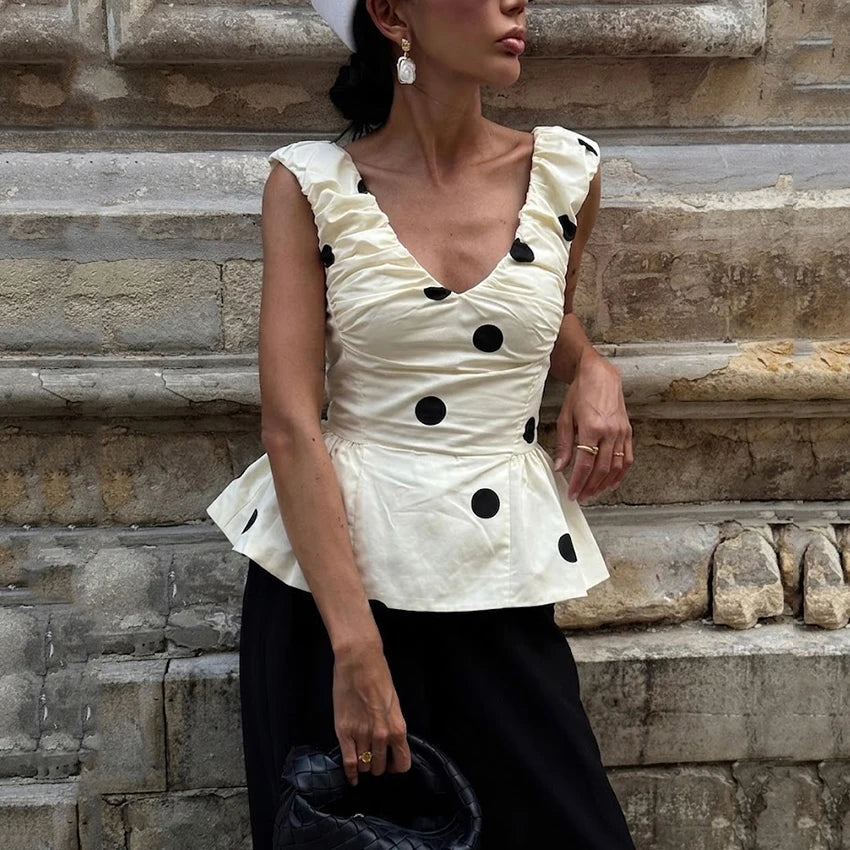 Linad Vintage Polka Dot Backless Tank Tops Summer Street Chic Slim Deep V Neck Vest Casual Ruffles Sleeveless Tops Woman 2026 - Matrix-studios.com
