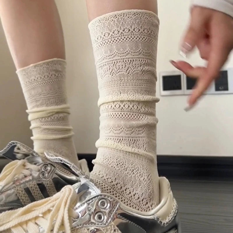 Sweet Mesh Hollowed Out White Pile Socks Transparent Nylon Lace Socks Thin Retro Flower Crew Socks Women Ladies - Matrix Studios