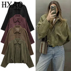 HXAO Women's Bomber Jacket Lapel Long Sleeve Zipper Suede Jacket Women 2025 High Street Cropped Racing Jackets Coats Outerwears - Matrix-studios.com