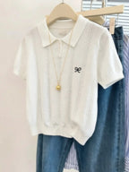 AOSSVIAO Cute Bow Embroidery Short Sleeve Tops 2026 Summer New Women Gray Knitted Polo neck T-shirt Trendy Versatile Casual Tee - Matrix-studios.com