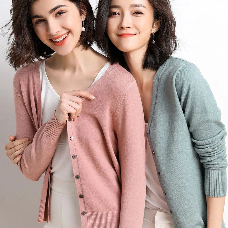 Cardigans Women 2025 Autumn Single Breasted V-neck Knitted Sweater Fashion Short Knitwear Solid Blue Green Pink Women's Jumpers - Matrix Studios