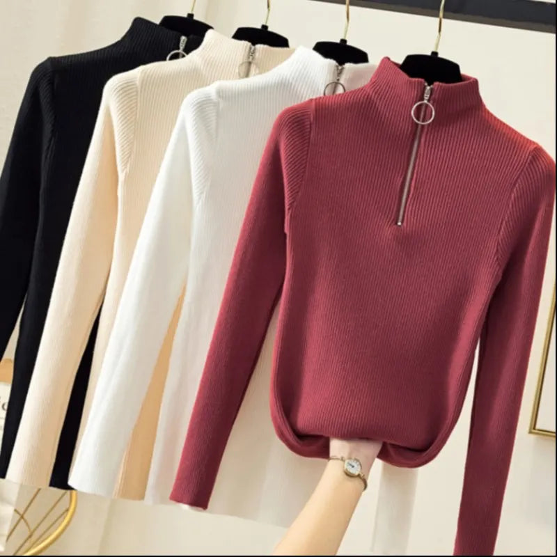 Knitted Women Zipper Half High Neck Sweater Pullovers Autumn Winter Basic Women Sweaters Slim Solid Knitwear Pull Femme Tops - Matrix-studios.com