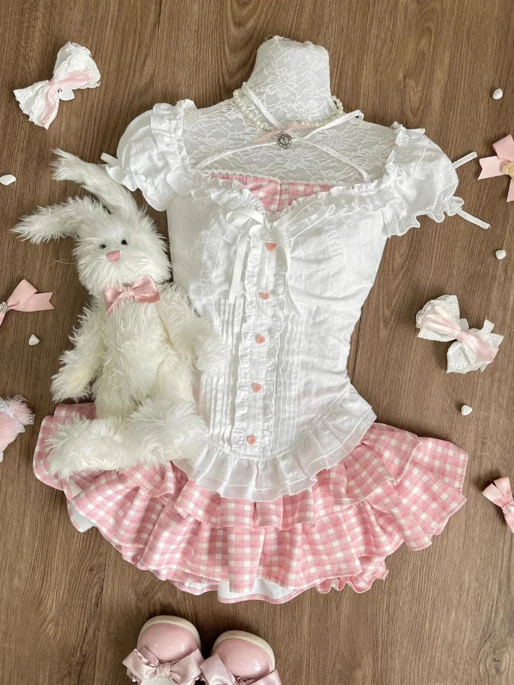 Summer Sweet Preppy Style 2 Piece Sets Women Y2k Kawaii Lolita Design Tops + High Waist Chic Skirt Female Princess Retro Outfits - Matrix-studios.com