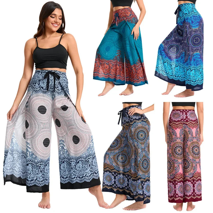 Women's Boho Palazzo Pants Wide Leg Yoga Wrap Tie Up Waistband Beach Cover Up Trousers Rayon Soft Breathable Loose Pants - Matrix Studios