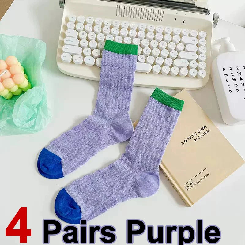4/8 Pairs Women Solid Color Striped calf Socks Fashion Korean Version Simple Spring Summer Breathable Comfortable Stacking Socks - Matrix Studios
