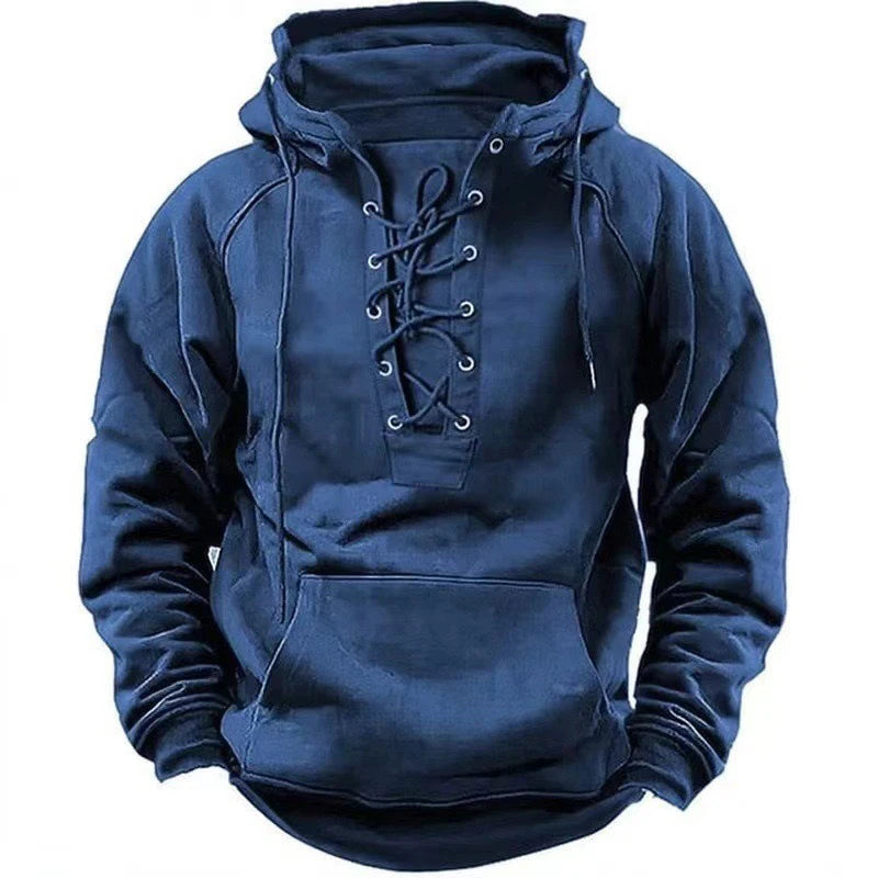 Autumn Fashion Mens Hooded Sweatshirts Lace-up Drawstring Long Sleeve Loose Hoodies Men Streetwear Vintage Solid Color Hoodies - Matrix Studios