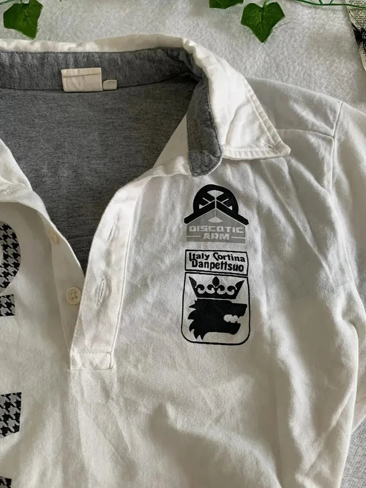 Y2K Japanese Streetwear Polo Shirt Women Slim Crop Tee 2025 White Short Sleeve Tops Letter Badge Houndstooth Vintage Harajuku - Matrix-studios.com