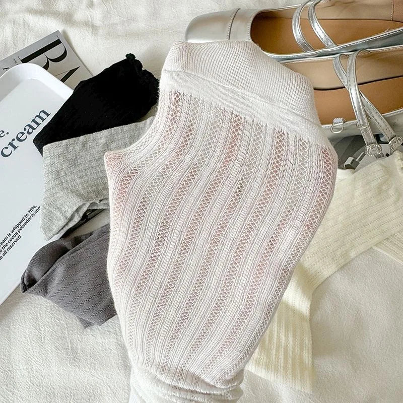 5 Pairs/Lot Women Hollow Mesh Tube Socks Ear Fungus Edge Socks Ins Trendy Spring Summer Loose Mouth Thin Style Girls Pile Socks - Matrix Studios