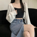 Fashion Hollow Out Sunscreen Cardigan Women Lantern Sleeve Thin Short Knitted Cardigans Woman Elegant Simple Crop Smock Top - Matrix Studios