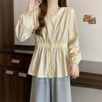 200 Pounds Plus Size Elastic Waist Office Lady Trend Shirt And Blouse Solid Color Top Women Clothing V-neck French Chic Basics - Matrix-studios.com