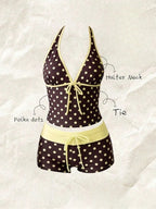 Women Swimwears Polka Dot 2-Piece Tankini Set Halter V Neck Front Tie Cami Top & Contrast Waistband Drawstring Swim Shorts - Matrix-studios.com