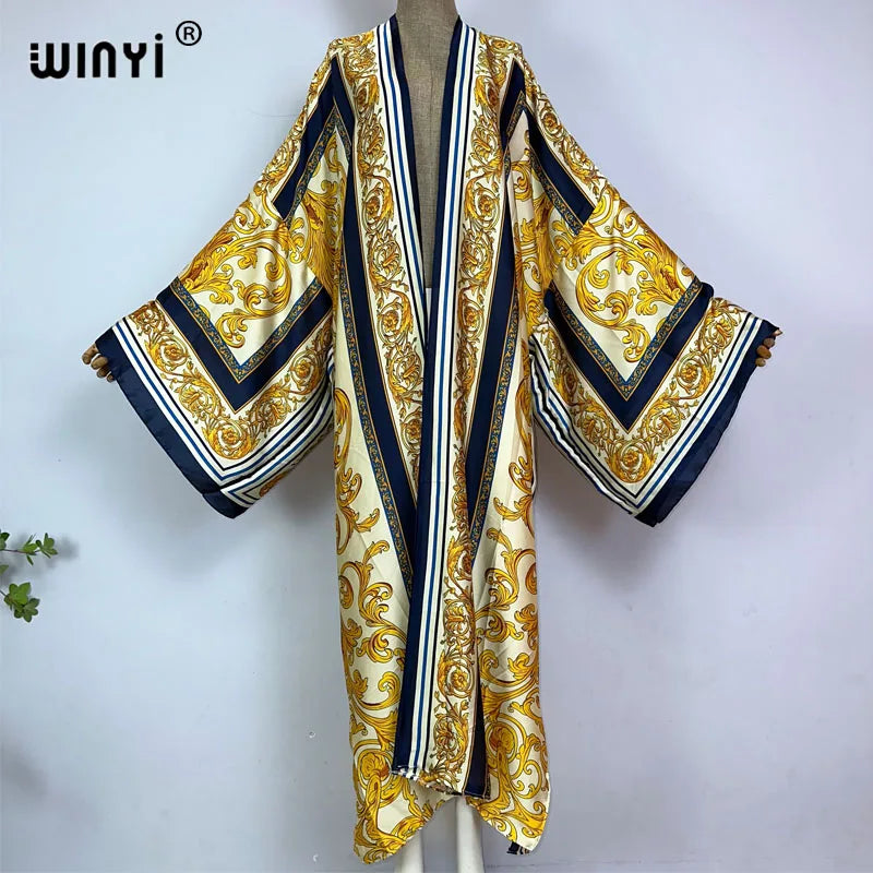 WINYI Kimono Africa Summer Boho Print Bikini Cover-up Elegant Fashion Cardigan Sexy Holiday Long Sleeve Silk Feeling Maxi Dress - Matrix Studios