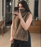 Women Casual Faux Fur Vest Chic Solid High Collar Sleeveless Loose Waist Coat Lady Fashion Daily 2025 New High Street Vests - Matrix Studios