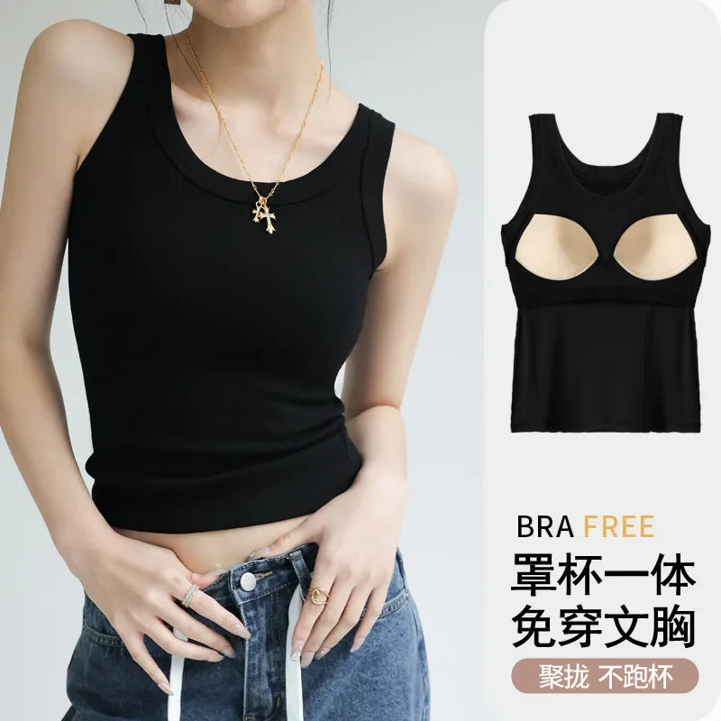 New Women Solid Round Neck Ribbed Tank Top Camisole Women Summer Basic Elastic TankTop One-piece Vest with Chest Pad Y2k - Matrix-studios.com