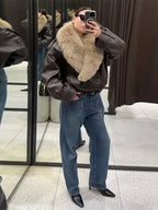 Elegant PU Fur Patchwork Jacket Women Loose Detachable Collar Lapel Double Breasted Jackets Female Fashion Winter Warm Outwear - Matrix Studios