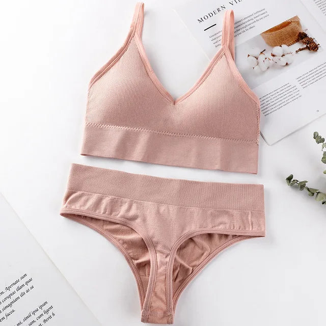Qisin French Backless Push Up Underwear Set Women Sexy Seamless Bralette Female Lingerie Soft Tank Crop Top Gym Sport Bra Set - Matrix-studios.com