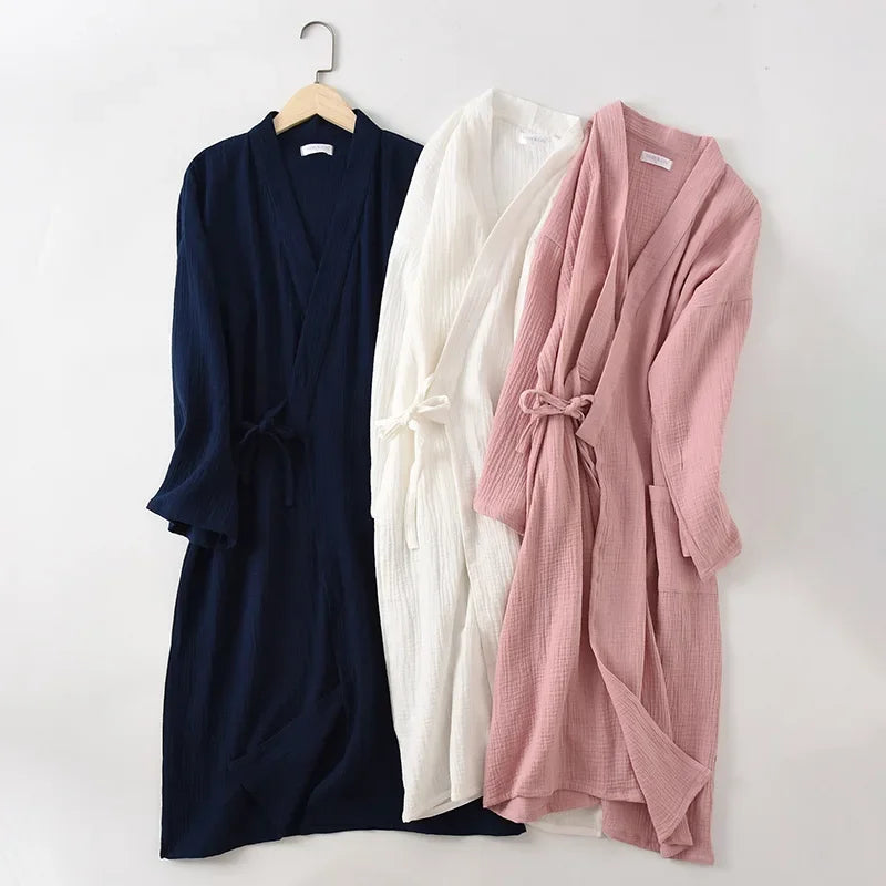 Couples Crepe Gauze Bathrobe Solid 100% Cotton Robe Long-sleeved V-neck Kimono Wedding Robes Sleepwear Plus Size Dressing Gown - Matrix-studios.com