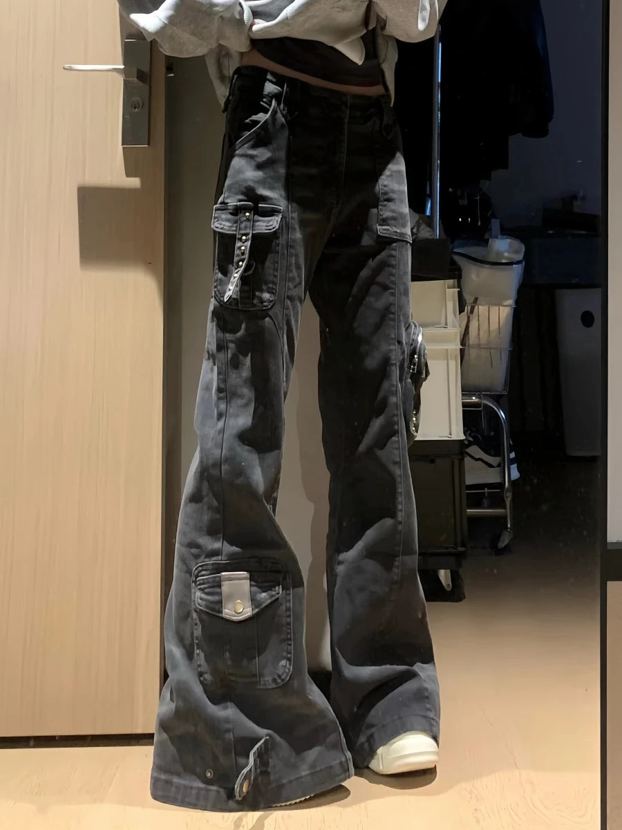 Women's Flare Cargo Jeans Harajuku Japanese Low Rise Denim Pants Abi Y2k Bell Bottom American Retro High Street Dark Academia - Matrix-studios.com