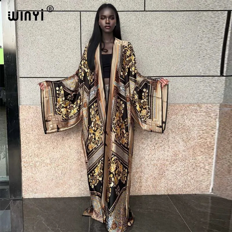 WINYI Kimono Women Summer New Print Long Sleeve Cardigan Female Blouse Loose Abaya Casual Beach Cover Up Boho Dress Party Kaftan - Matrix Studios