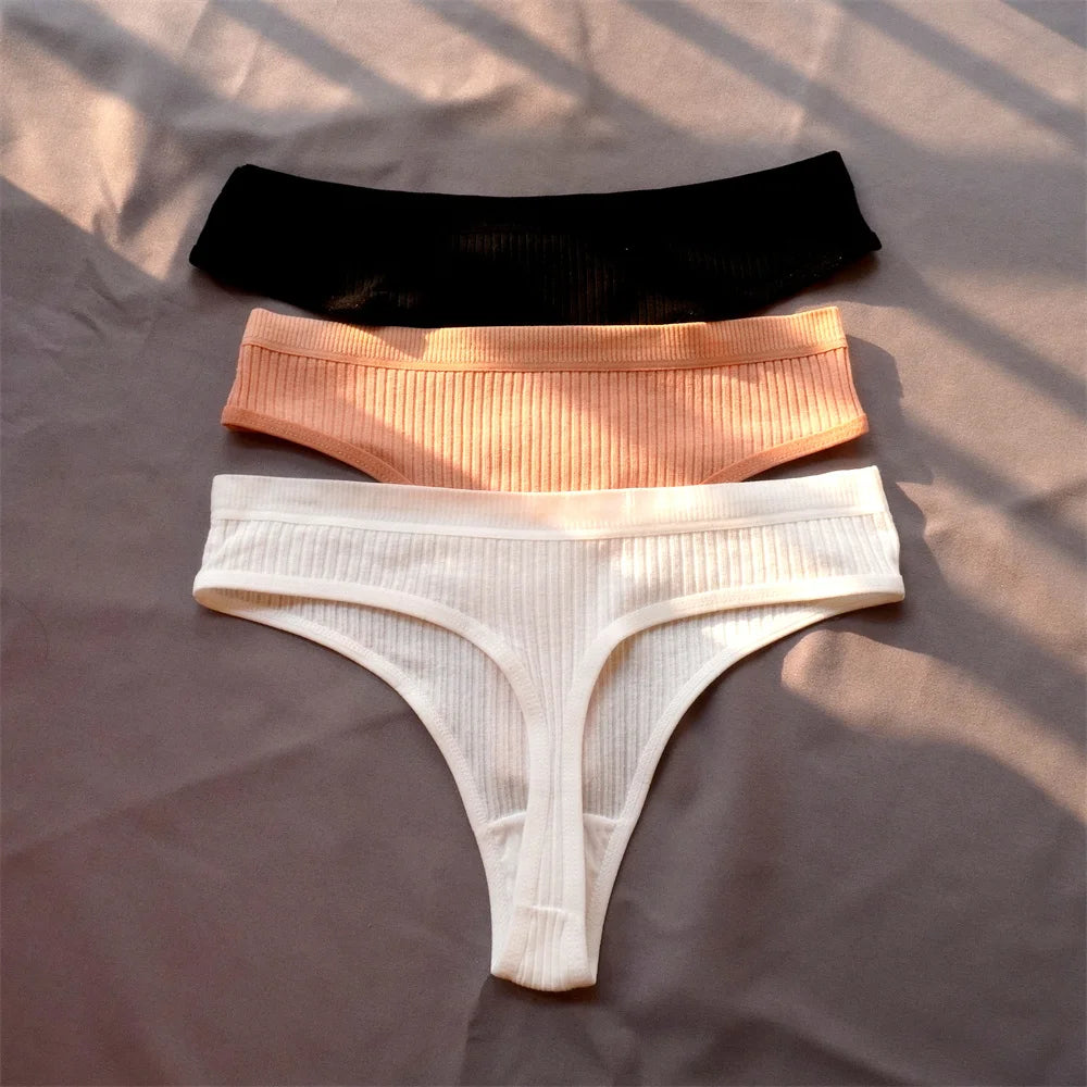3 Pcs Seamless Ladies Ribbed Cotton Thong Simple Women's Low Waist Bikini Briefs Sports Girls Underwear Plus Size - Matrix Studios