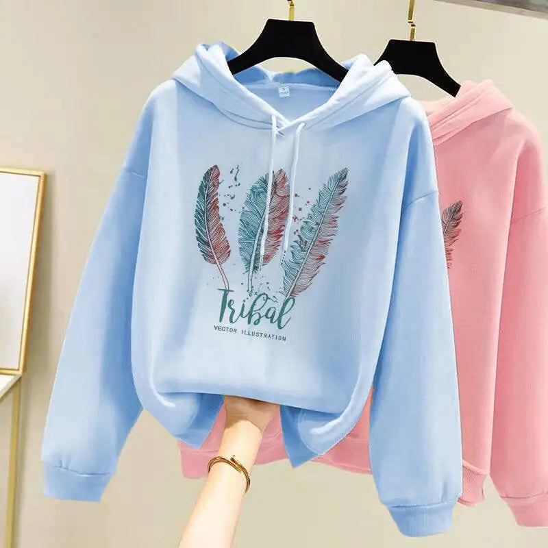 Women Fashion Feather Printed Hoodies Autumn Winter Plus Velvet Casual Loose Sweatshirt - Matrix-studios.com