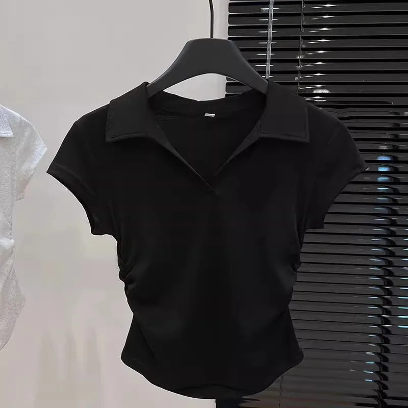 Cotton Summer Sexy Women's T Shirt Skinny Slim Basic Solid Crop Top Short Sleeve Polo TShirtCasual Top Tee for Women - Matrix-studios.com