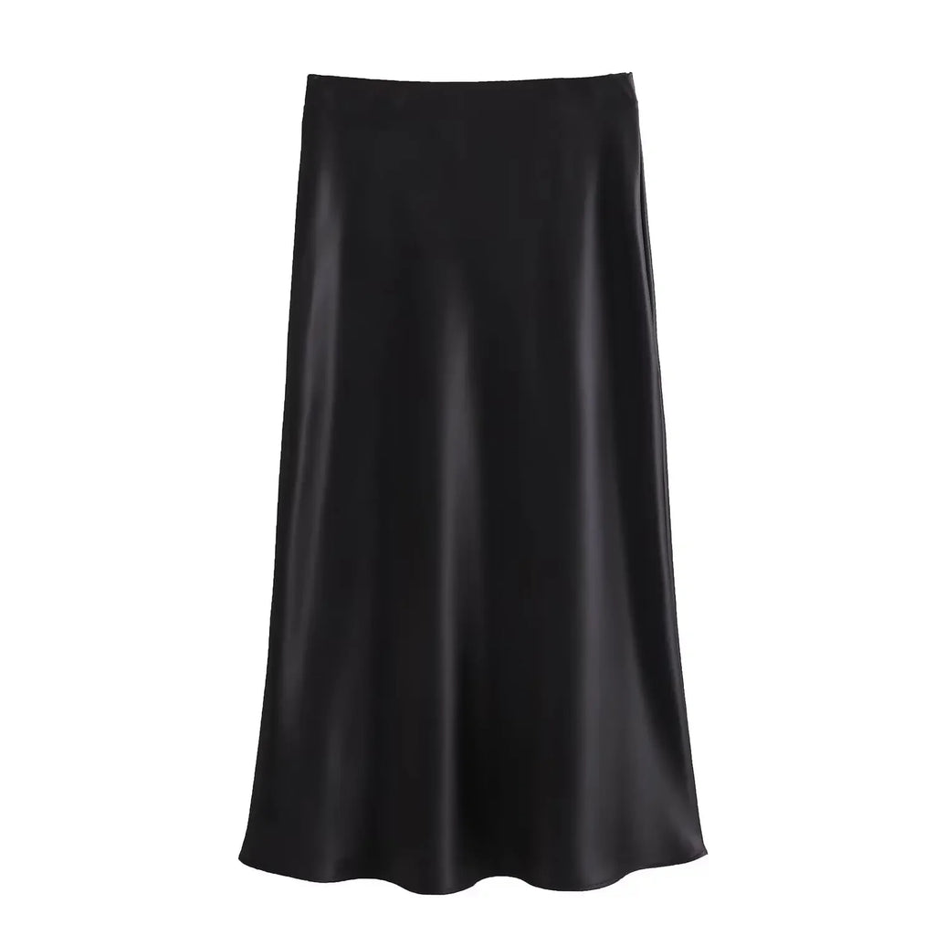 Willshela 2024 Black Satin Skirt Woman High Waist Elegant Long Skirts For Women Fashion Summer Midi Skirt Office Women's Skirts - Matrix-studios.com