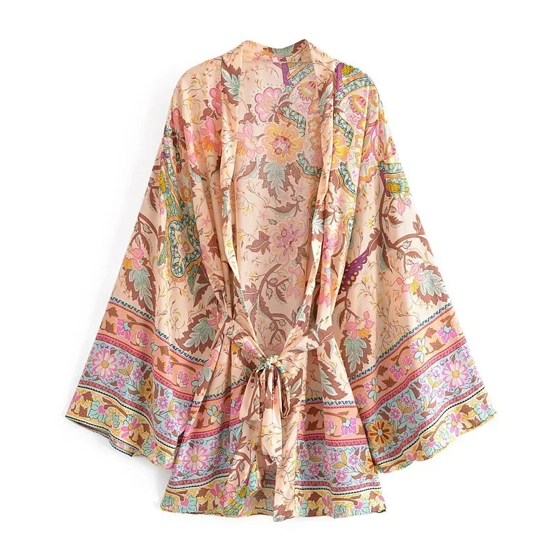 Boho Queens Vintage Peacock Floral Print Sashes Beach Kimono Women Bohemian Wrap Batwing Sleeves Holiday Bikini Cover-ups - Matrix Studios
