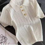 Korean Ice Silk Polo Neck Knitted Shirt Women 2025 Summer Chic Thin Unique Jacquard Short Sleeve Ladies Tops Women’s Clothing - Matrix-studios.com