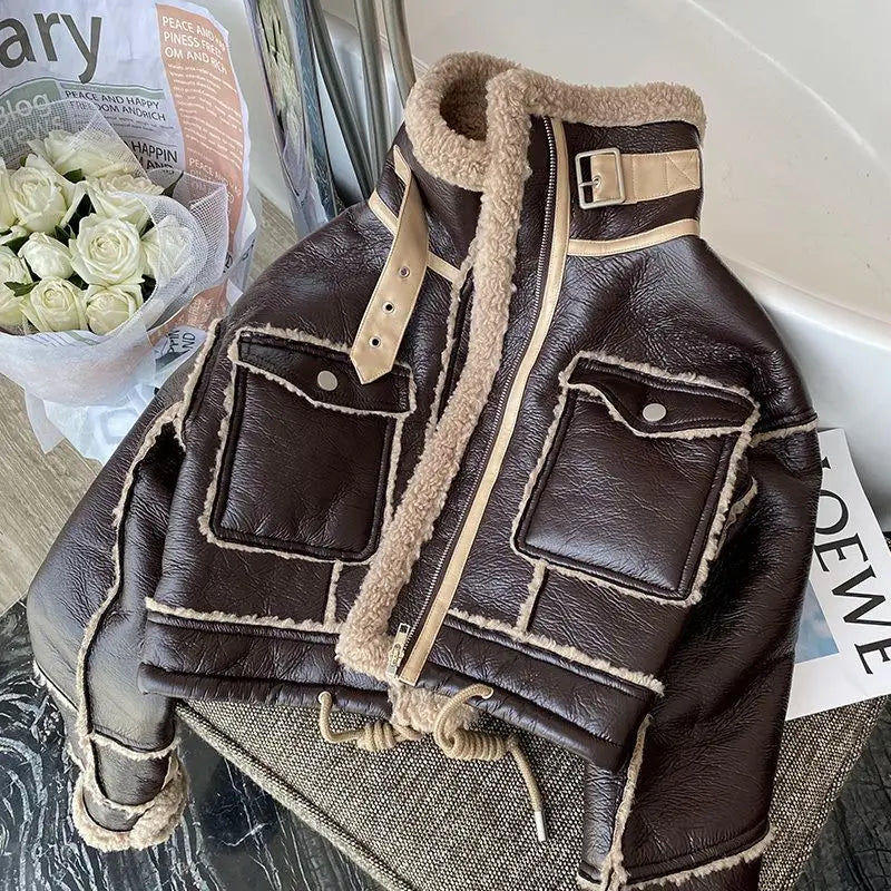 Black Lambswool Jacket Winter Thickened Plus Velvet Motorcycle Faux Leather Stitching Coat PU Plush Cardigan Stand Collar Tops - Matrix Studios